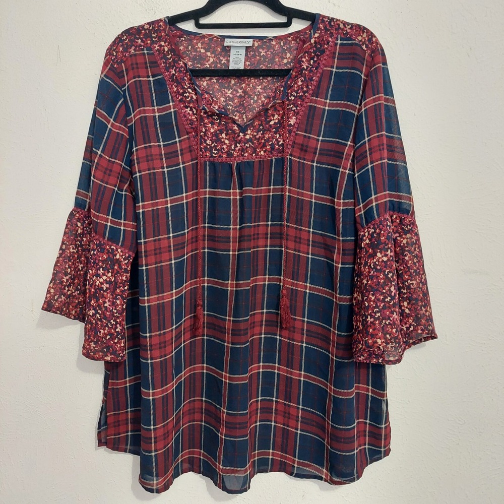 Catherines Women's Plaid Print Georgette Peasant Red Blue Blouse Top Plus Sz OX
